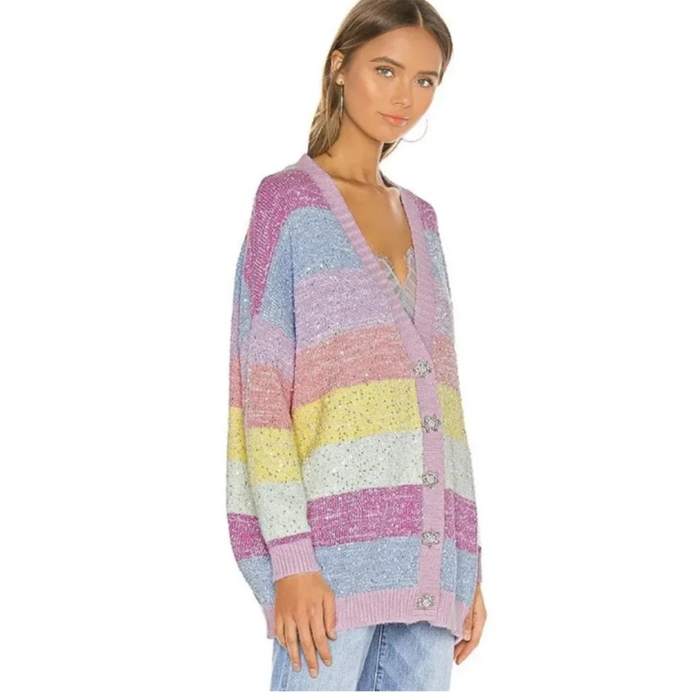 Olivia Rubin Mika Oversized Cardigan Sequin Rhinestone XS Pastel Stripes #1N401